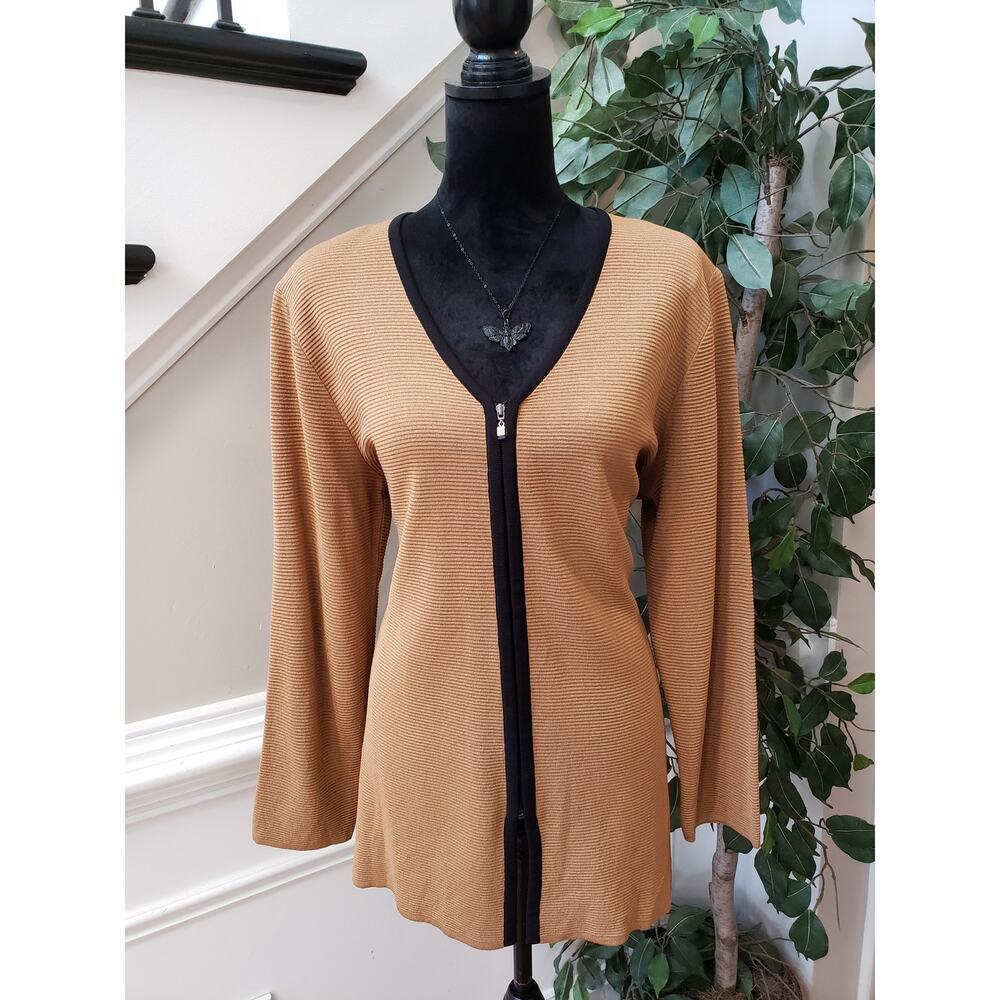 Misook Cardigan Jacket Womens Large Brown Knit Ribbed Trim Long Sleeve Full Zip